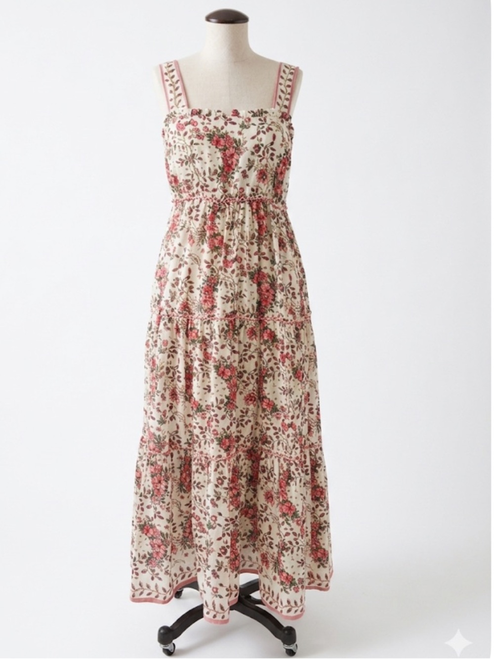 Max Studio Cream Maxi Dress with Pink Floral Print. 100% soft light cotton.